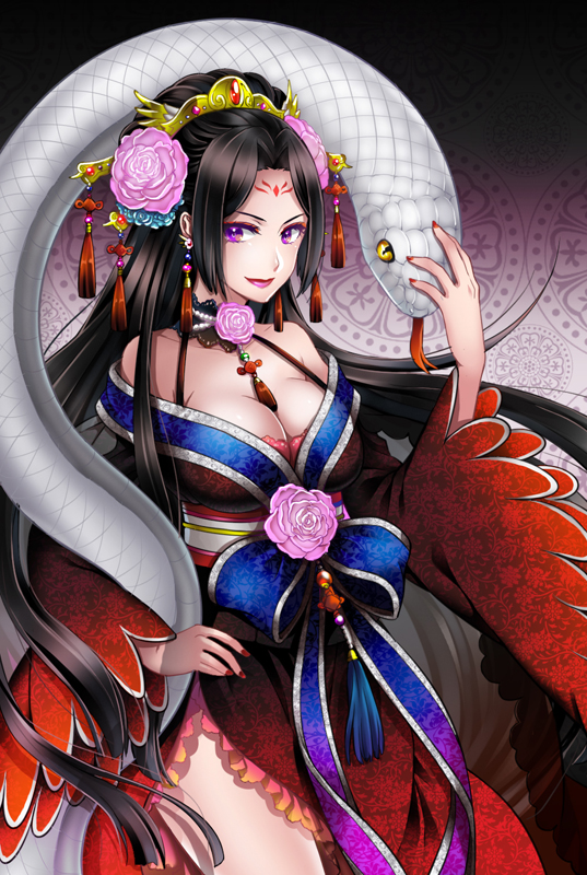 1girl bare_shoulders black_hair breasts choker cleavage flower hair_ornament japanese_clothes kimono large_breasts long_hair original purple_eyes shainea smile snake violet_eyes