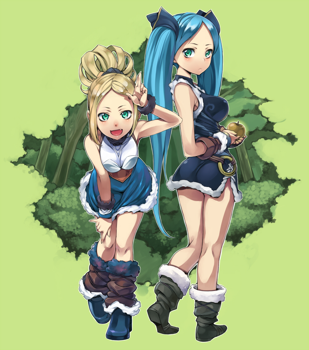 2girls :d apple bare_legs blonde_hair blue_hair boots china_dress chinese_clothes dress fang food fruit green_eyes idun&amp;idunna leaning_forward legs multiple_girls open_mouth puzzle_&amp;_dragons side_slit sleeveless smile tama1130 twintails wristband