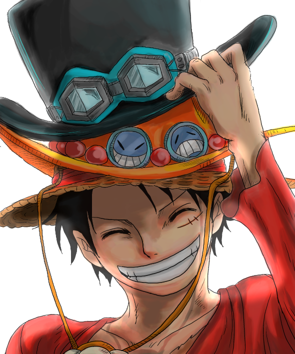 1boy adjusting_hat black_hair closed_eyes collarbone eyes_closed goggles_on_hat grin hat hat_tip monkey_d_luffy one_piece scar simple_background smile solo stacked_hats straw_hat top_hat