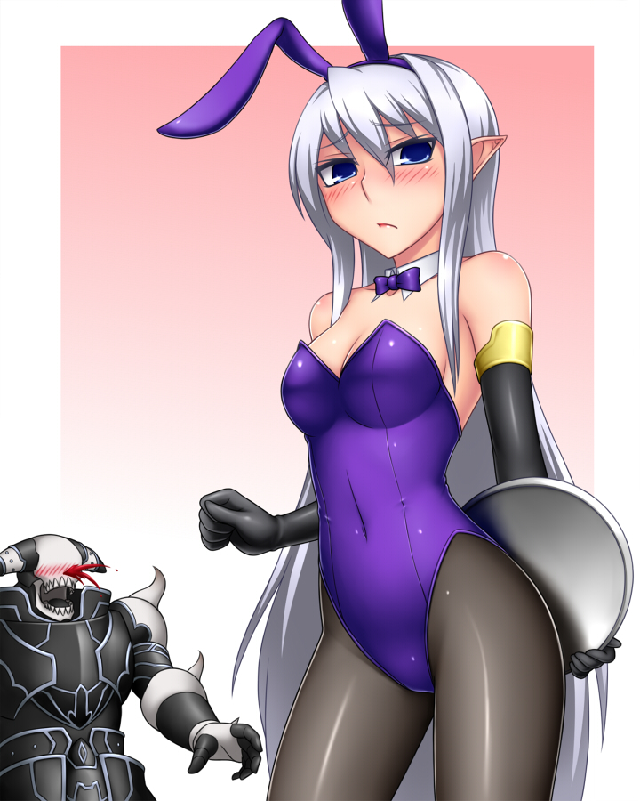 1girl animal_ears blood bowtie bunny_ears bunnysuit character_request demise,_king_of_armageddon demise_king_of_armageddon detached_collar duel_monster elbow_gloves gloves long_hair nosebleed pantyhose pataryouto pointy_ears purple_eyes rabbit_ears ruin_queen_of_oblivion silver_hair violet_eyes wrist_cuffs yu-gi-oh! yuu-gi-ou