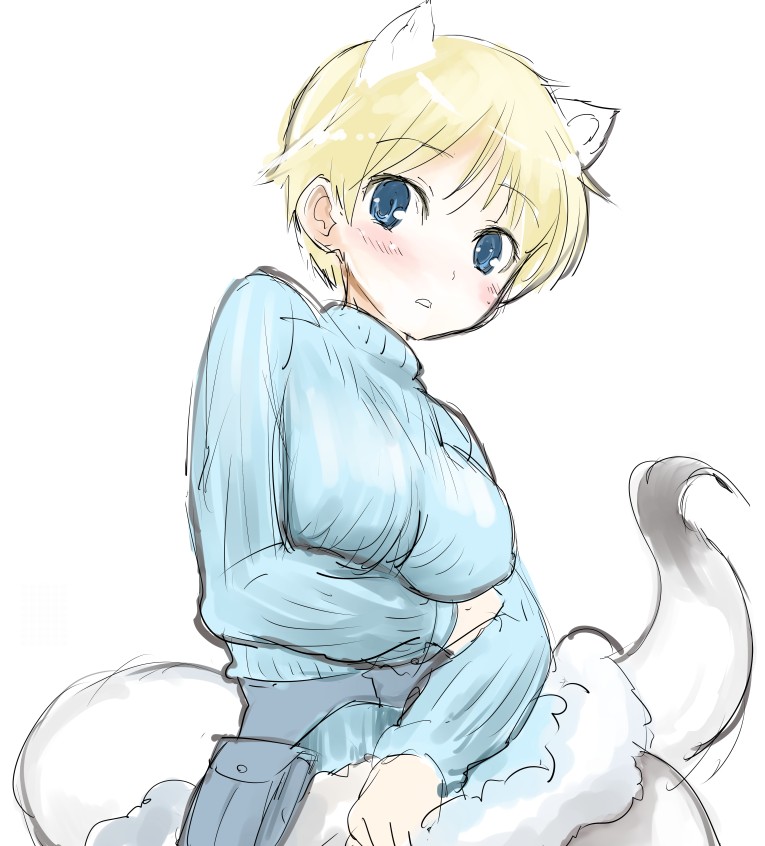 1girl animal_ears blonde_hair blue_eyes blush breasts large_breasts mozu_(peth) nikka_edvardine_katajainen pantyhose rough short_hair solo strike_witches sweater white_legwear