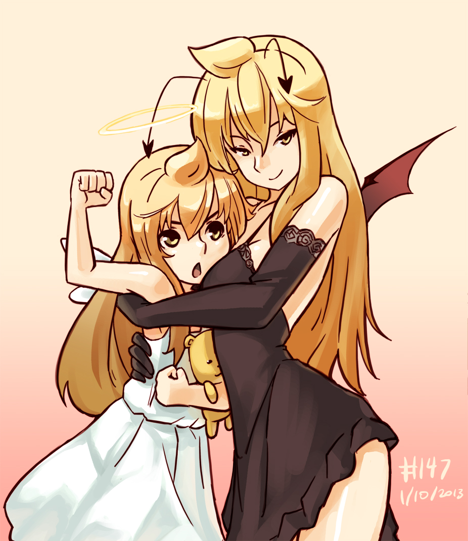 2girls :&lt; adult ahoge angel angel_wings antenna antennae arm_around_waist bare_shoulders black_dress blonde_hair blush breasts brown_hair chestnut_mouth clenched_hand clenched_hands dated demon_wings dress dual_persona elbow_gloves flat_chest fujioka-kuma gloves halo hug junkpuyo long_hair minami-ke minami_chiaki minami_haruka multiple_girls nightgown open_mouth pink_background raised_fist seductive_smile siblings side_slit simple_background sisters skirt smile stuffed_animal stuffed_toy teddy_bear thighhighs white_dress wings yellow_eyes