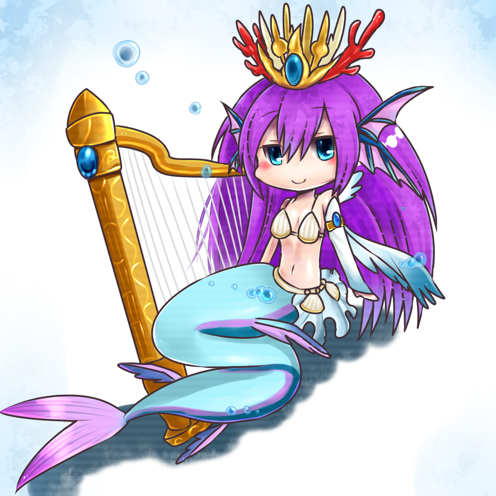 bikini_top blue_eyes blush bubble chibi crown harp head_fins instrument mermaid monster_girl nanai07 navel purple_hair puzzle_&amp;_dragons siren_(p&amp;d) smile solo