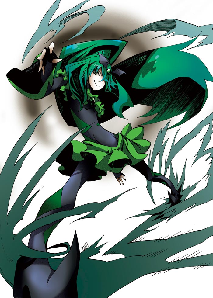 1girl bad_end_march bad_end_precure bodysuit dark_persona dress green_dress green_eyes green_hair long_hair o5o3 ponytail precure skirt smile smile_precure! solo tiara white_background wind