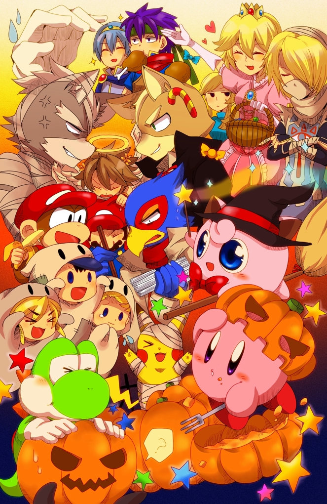 banana bandage bandages basket blonde_hair blue_eyes blue_hair broom candy costume crossed_arms crown diddy_kong donkey_kong_(series) falco_lombardi fire_emblem fire_emblem:_mystery_of_the_emblem fire_emblem:_souen_no_kiseki food fox_mccloud fruit halloween halo hat headband ike jigglypuff kid_icarus kirby kirby_(series) link long_hair mario marth master_hand metroid mother_(game) mother_2 mother_3 ness nintendo ocarina_of_time pikachu pit_(kid_icarus) pokemon princess_peach pumpkin samus_aran sheik star_fox super_mario_bros. super_smash_bros. the_legend_of_zelda tiara toon_link wind_waker wings wolf_o'donnell wolf_o'donnell yoshi