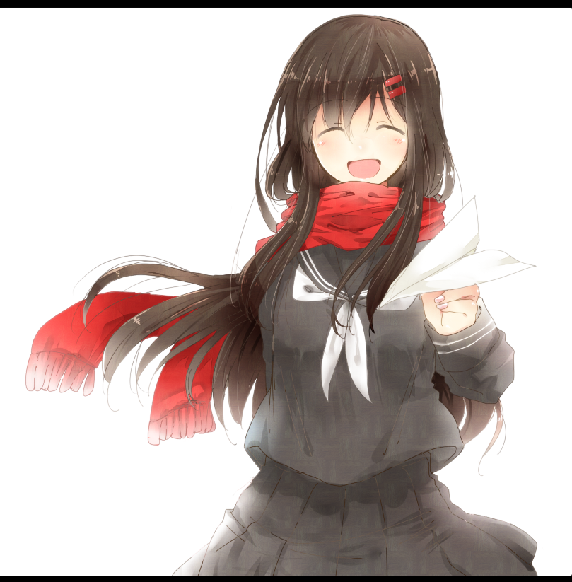 1girl ayano_(kagerou_project) black_hair blush closed_eyes eyes_closed hair_ornament hairclip kagerou_project long_hair paper paper_airplane scarf school_uniform serafuku shine5s smile solo toumei_answer_(vocaloid) vocaloid