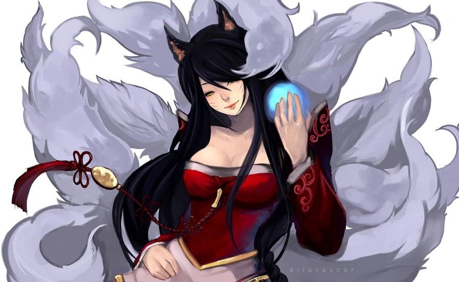 1girl ahri animal_ears bare_shoulders black_hair breasts detached_sleeves energy_ball facial_mark fox_ears fox_tail hair_over_one_eye head_tilt kyuubi large_breasts league_of_legends long_hair multiple_tails smile solo tail tassel thelittlefirefly very_long_hair watermark yellow_eyes