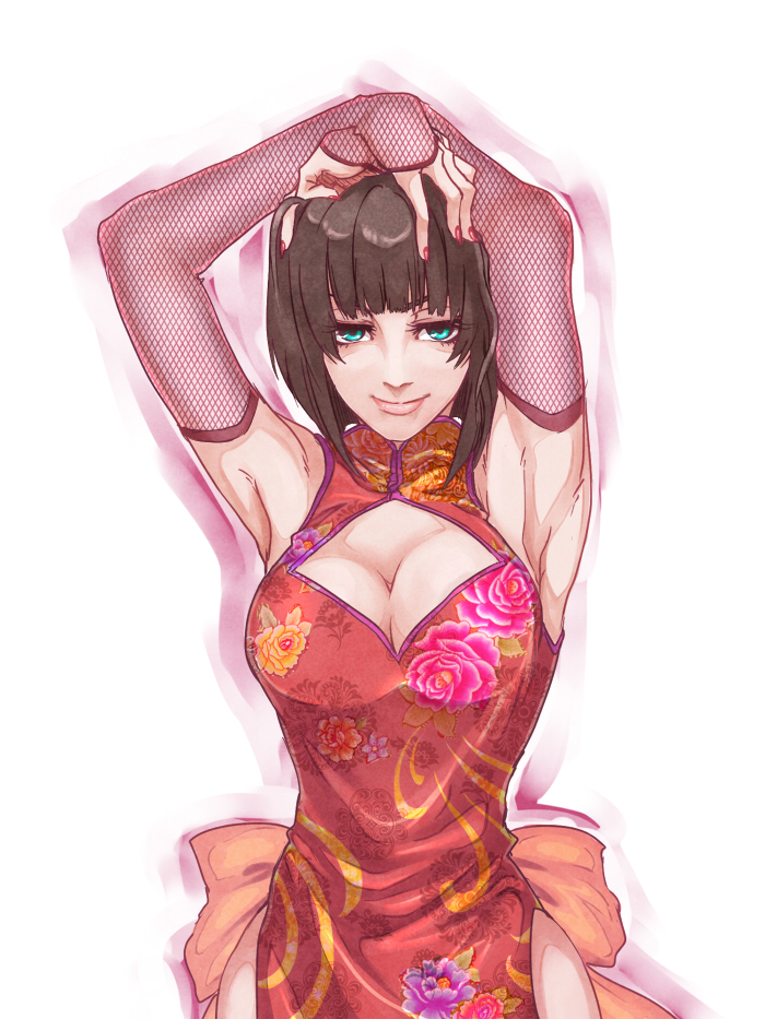 1girl anna_williams armpits arms_up bare_shoulders blue_eyes breasts brown_hair china_dress chinese_clothes cleavage cleavage_cutout dress elbow_gloves fishnet_gloves gloves hiko_(fuwamaru) large_breasts lips namco short_hair smile solo tekken