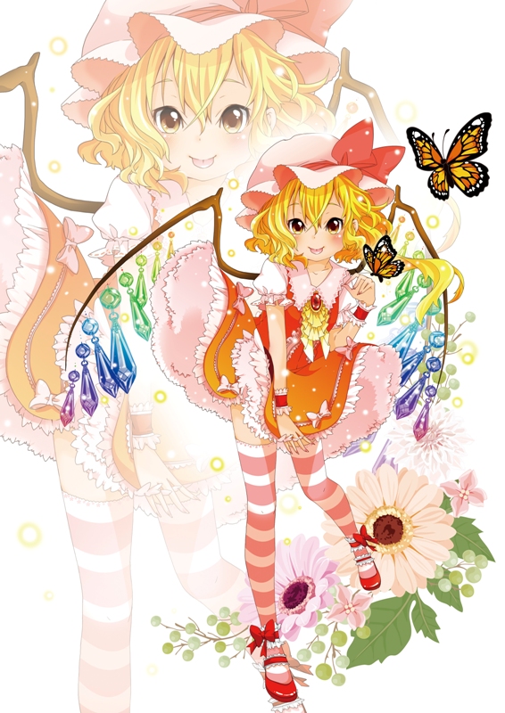 1girl :p ascot berry_jou blonde_hair blush bow brooch butterfly embellished_costume flandre_scarlet flower hat hat_bow jewelry mary_janes shoes short_hair side_ponytail skirt skirt_set solo striped striped_legwear thigh-highs thighhighs tongue tongue_out touhou wings wrist_cuffs yellow_eyes zoom_layer
