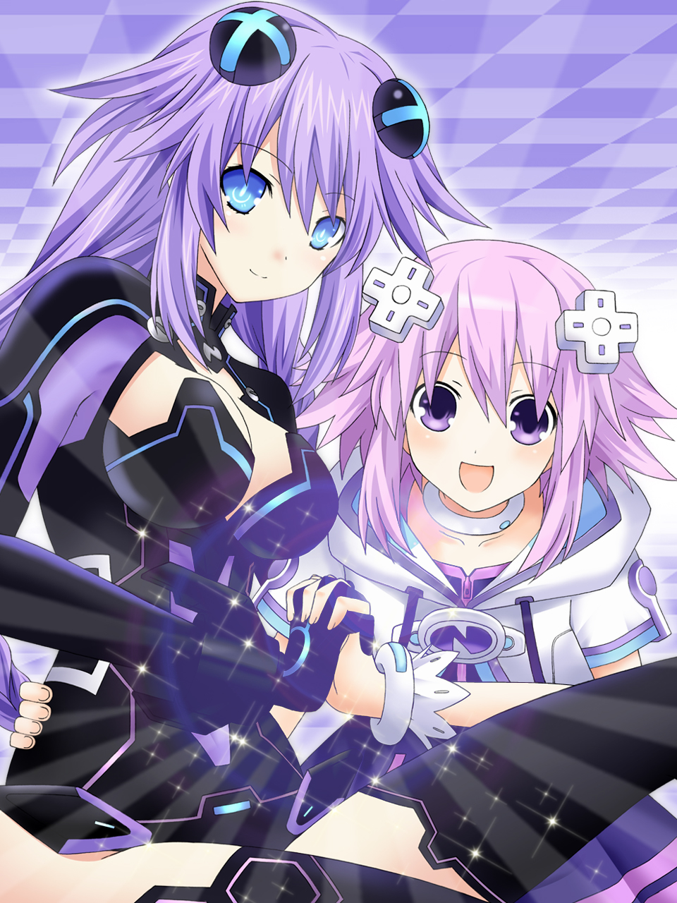 2girls :d blue_eyes blush bracelet braid breasts choker choujigen_game_neptune cleavage cleavage_cutout collarbone d-pad dual_persona hair_ornament hand_holding highres holding_hands jewelry kagura_ittou kami_jigen_game_neptune_v long_hair looking_at_viewer multiple_girls neptune_(choujigen_game_neptune) open_mouth purple_eyes purple_hair purple_heart short_hair smile symbol-shaped_pupils thigh-highs thighhighs twin_braids very_long_hair violet_eyes