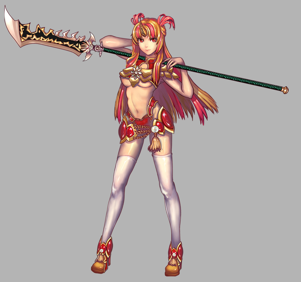 1girl armor bikini_armor blonde_hair breasts copyright_request glaive guan_dao horn inanna123 midriff multicolored_hair polearm red_eyes red_hair redhead solo thigh-highs thighhighs two-tone_hair two-toned_hair under_boob underboob weapon