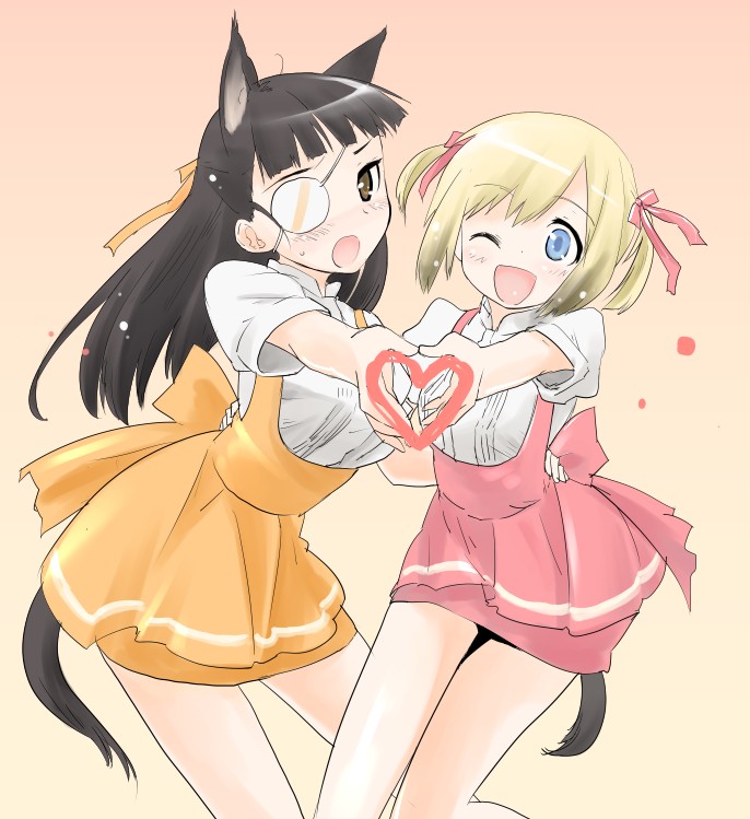 2girls :o ;d alternate_costume animal_ears anna_miller apron black_hair blonde_hair brown_eyes embarrassed erica_hartmann eyepatch hair_down hair_ribbon heart heart_hands heart_hands_duo long_hair mozu_(peth) multiple_girls open_mouth ribbon sakamoto_mio short_hair smile strike_witches tail two_side_up waitress wink