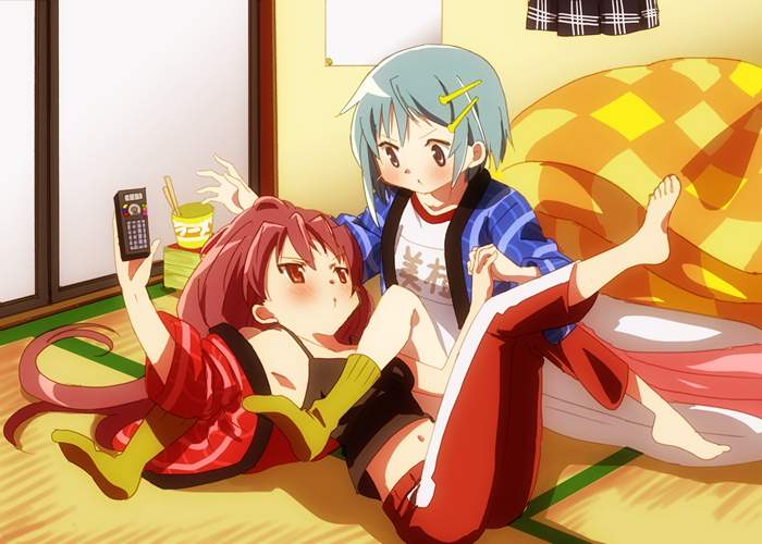 2girls barefoot blanket blue_eyes blue_hair controller green_legwear gym_uniform hair_down hair_ornament hairclip jacket long_hair mahou_shoujo_madoka_magica mesushirindaa miki_sayaka multiple_girls navel red_eyes red_hair redhead remote_control sakura_kyouko short_hair skirt socks tank_top track_pants