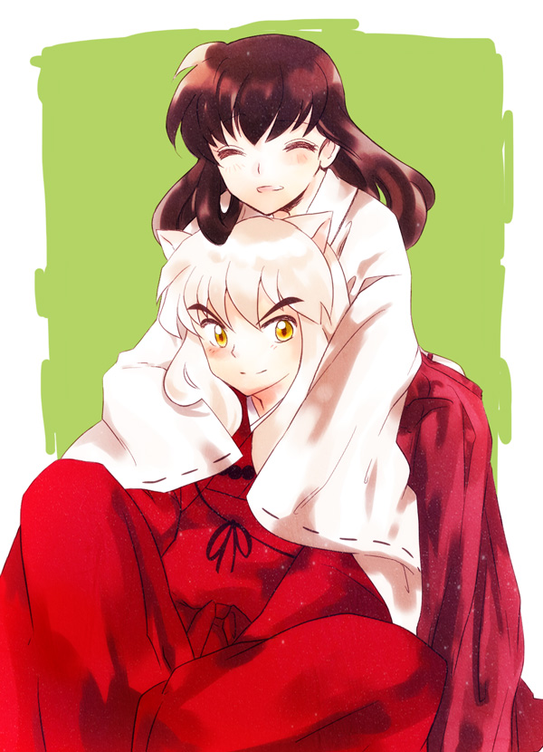 1boy 1girl brown_hair closed_eyes eyes_closed hakama higurashi_kagome hug hug_from_behind inuyasha inuyasha_(character) japanese_clothes maco0731 miko sitting sleeves_past_wrists smile white_hair wide_sleeves