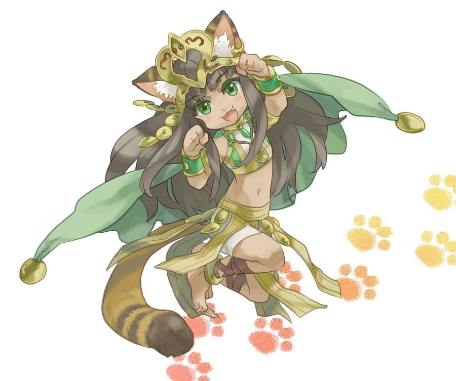 1girl animal_ears ankle_lace-up anklet atsumu barefoot bastet_(p&amp;d) brown_hair cat_ears cat_tail cross-laced_footwear crown egyptian fang green_eyes jewelry long_hair midriff paw_pose paw_print puzzle_&amp;_dragons solo tail