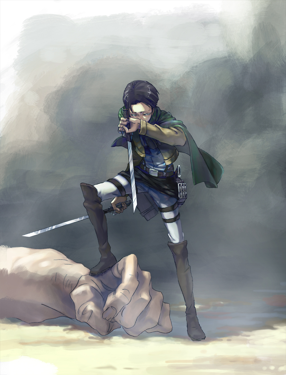 1boy belt black_hair boots cape dual_wielding giant highres na_shi nail rivaille shingeki_no_kyojin short_hair simple_background solo sword thigh_strap weapon