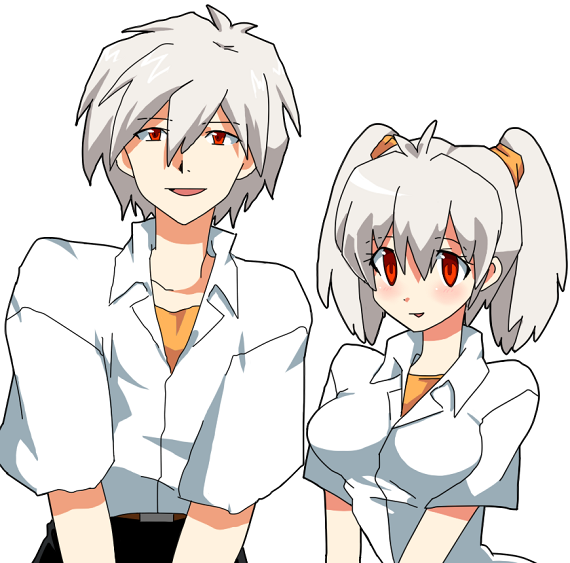 1boy 1girl angel angel_(evangelion) nagisa_kaworu neon_genesis_evangelion red_eyes short_hair smile tabris twintails white_hair