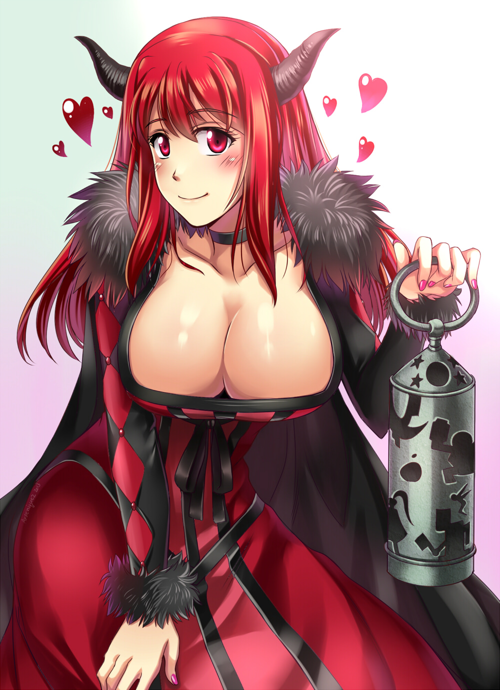 1girl argyle arseniquez blush breasts choker cleavage dress heart highres horns huge_breasts long_hair looking_at_viewer maou_(maoyuu) maoyuu_maou_yuusha red_dress red_eyes red_hair redhead smile solo