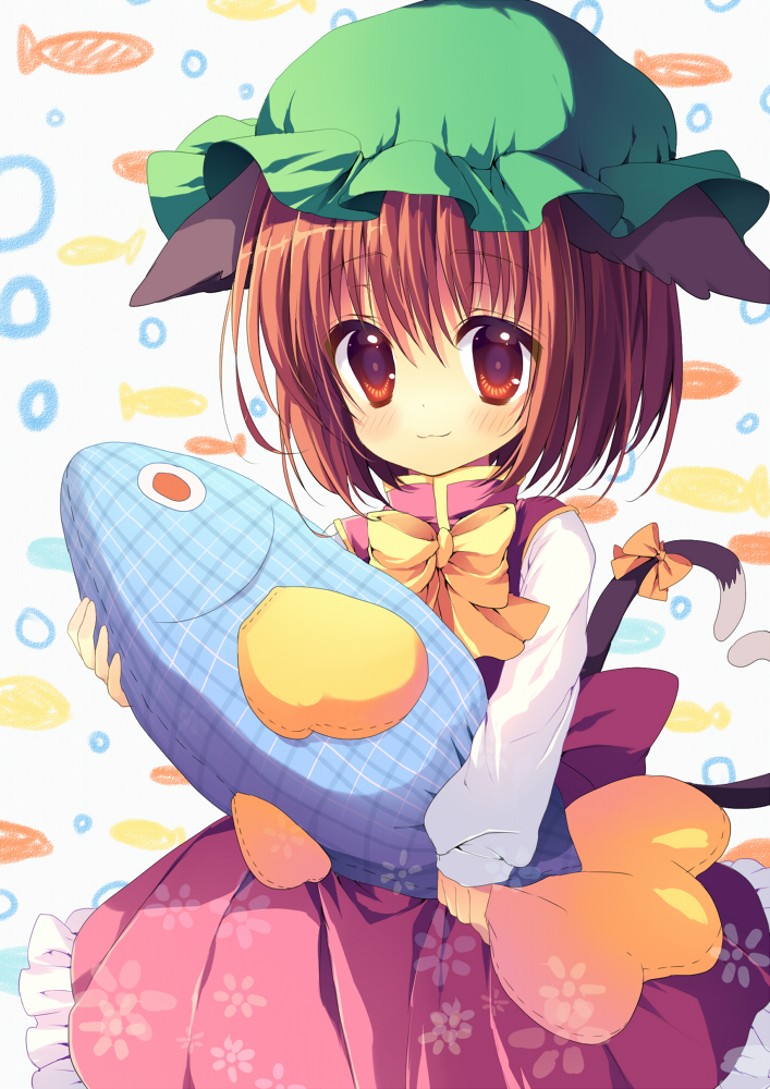 1girl :3 animal_ears blush bow brown_hair bubble cat_ears cat_tail chen child_drawing dress fish hat high_collar long_sleeves multiple_tails red_eyes reia short_hair solo stuffed_animal stuffed_toy tail tail_bow touhou white_background