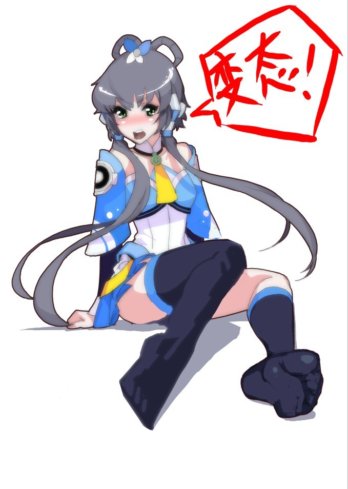 angry blush chinese chunlieater feet hair_rings kneehighs luo_tianyi mismatched_legwear no_nose solo speech_bubble thigh-highs thighhighs translated vocaloid