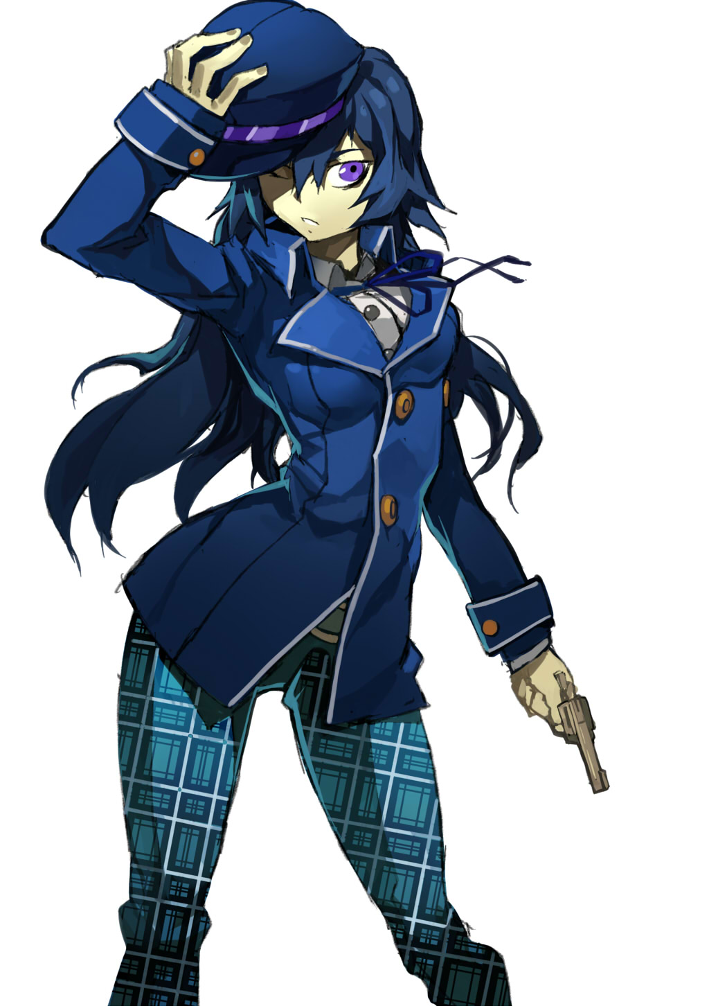 1girl blue_eyes blue_hair breasts cabbie_hat gun hat highres holding holding_hat jacket long_hair pants persona persona_4 persona_x_detective ratsuomo revolver shirogane_naoto simple_background solo weapon white_background wink