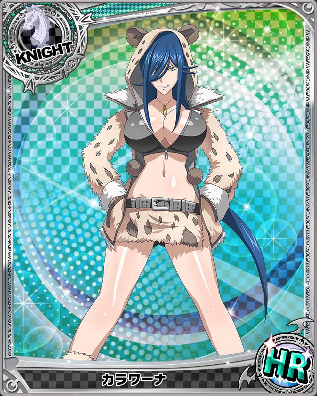 1girl animal_hood artist_request belt blue_hair breasts card_(medium) character_name chess_piece high_school_dxd hood jewelry kalawarner knight_(chess) large_breasts long_hair midriff necklace official_art trading_cards very_long_hair yellow_eyes