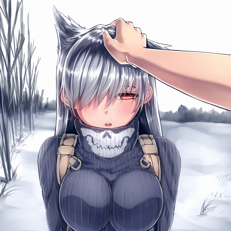 1girl aoki_(miharuu) blush breasts call_of_duty call_of_duty:_modern_warfare_2 genderswap ghost_(modern_warfare_2) impossible_clothes impossible_sweater long_hair open_mouth operator petting pov red_eyes ribbed_sweater siqi_(miharuu) snow sweater winter