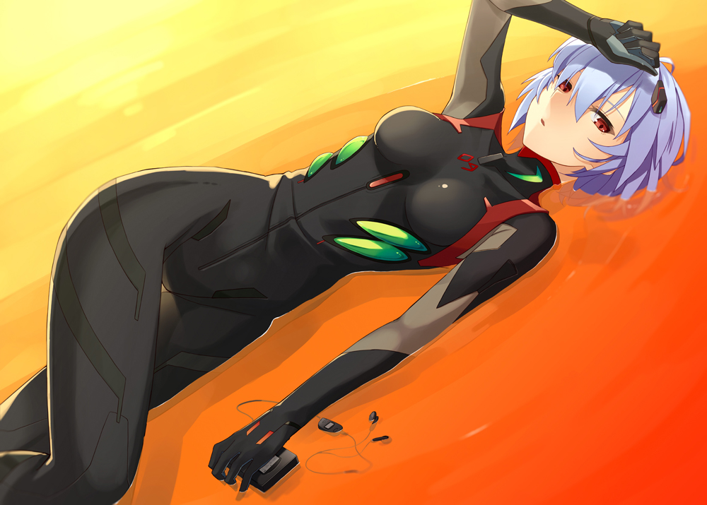 1girl arm_up ayanami_rei blue_hair bodysuit crossed_legs_(lying) earphones evangelion:_3.0_you_can_(not)_redo hair_ornament lcl lying neon_genesis_evangelion partially_submerged plugsuit prime rebuild_of_evangelion red_eyes short_hair solo thigh_gap walkman