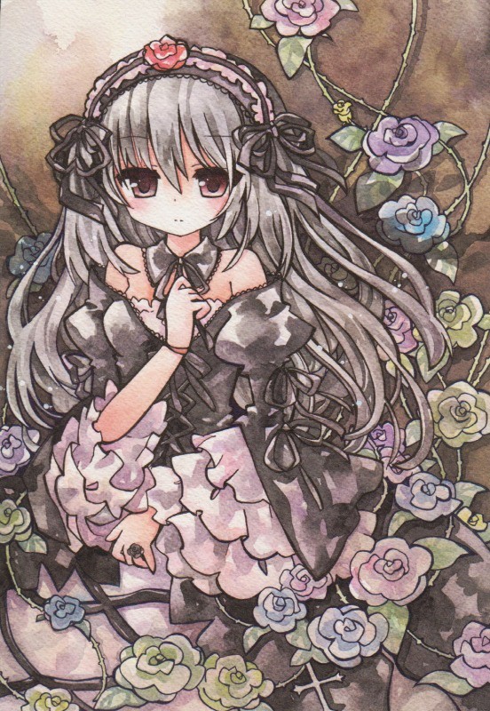 1girl bare_shoulders flower frills frown gothic_lolita jewelry lolita_fashion lolita_hairband long_hair moyo purple_eyes ring rose rozen_maiden silver_hair solo traditional_media violet_eyes