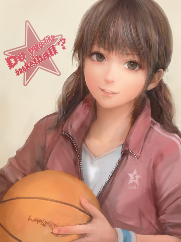 1girl ball basketball brown_eyes brown_hair english fangs gym_uniform light_smile long_hair looking_at_viewer miche original parted_lips realistic revision simple_background sleeves_rolled_up solo star track_jacket wristband