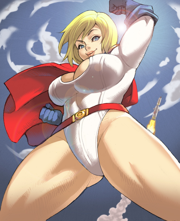 1girl belt blonde_hair blue_eyes breasts cape cleavage cleavage_cutout cloud dc_comics gloves highleg highleg_leotard large_breasts leotard lips maou_alba power_girl rocket sky solo thick_thighs thighs