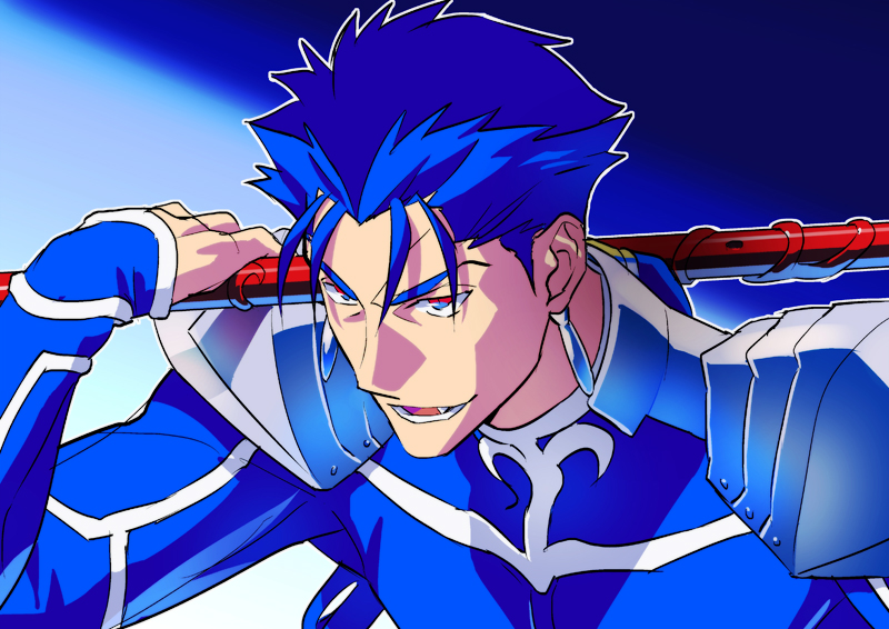 1boy blue_hair earrings fate/stay_night fate_(series) gae_bolg jewelry lancer long_hair polearm ponytail sexy44 solo spear weapon