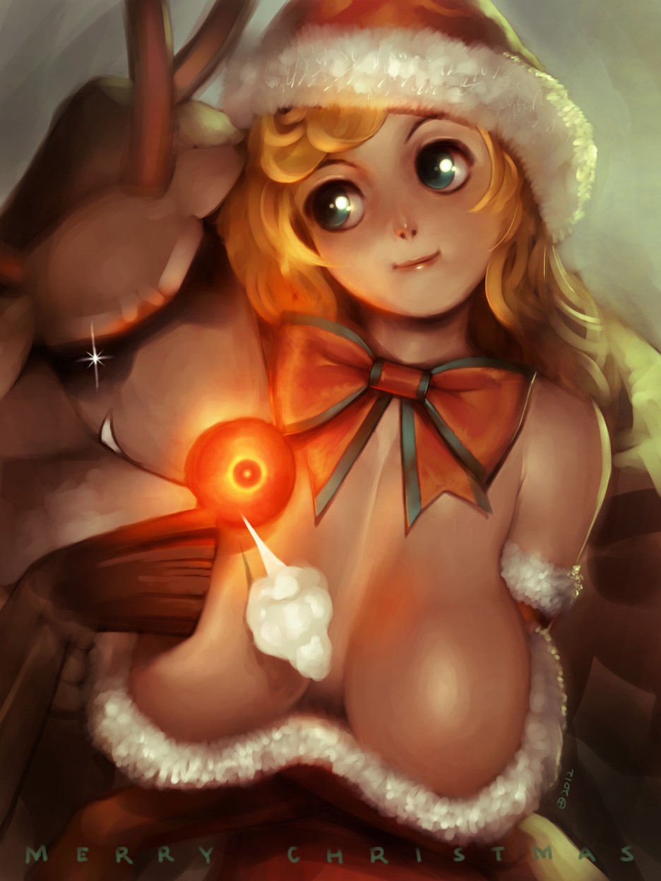 1girl alien1452 aqua_eyes bare_shoulders blonde_hair breasts christmas cleavage fur-trim fur_trim hat highres lips long_hair merry_christmas original reindeer santa_hat smile sparkle