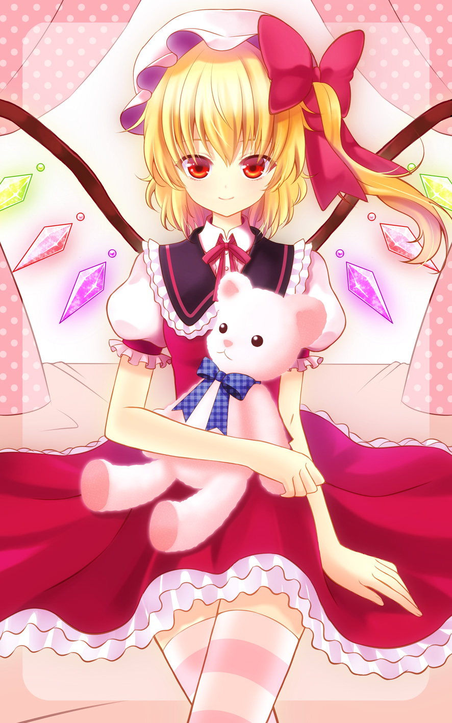 1girl blonde_hair bow clear_moon dress flandre_scarlet hair_bow hat highres long_hair looking_at_viewer red_dress red_eyes side_ponytail smile solo striped striped_legwear stuffed_animal stuffed_toy teddy_bear thigh-highs thighhighs touhou wings