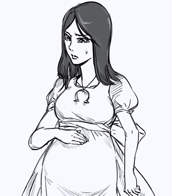1girl alice:_madness_returns alice_(wonderland) alice_in_wonderland american_mcgee's_alice american_mcgee's_alice apron bb_(baalbuddy) black_hair breasts dress hand_on_stomach jewelry long_hair monochrome necklace omega_symbol pregnant sketch solo sweatdrop