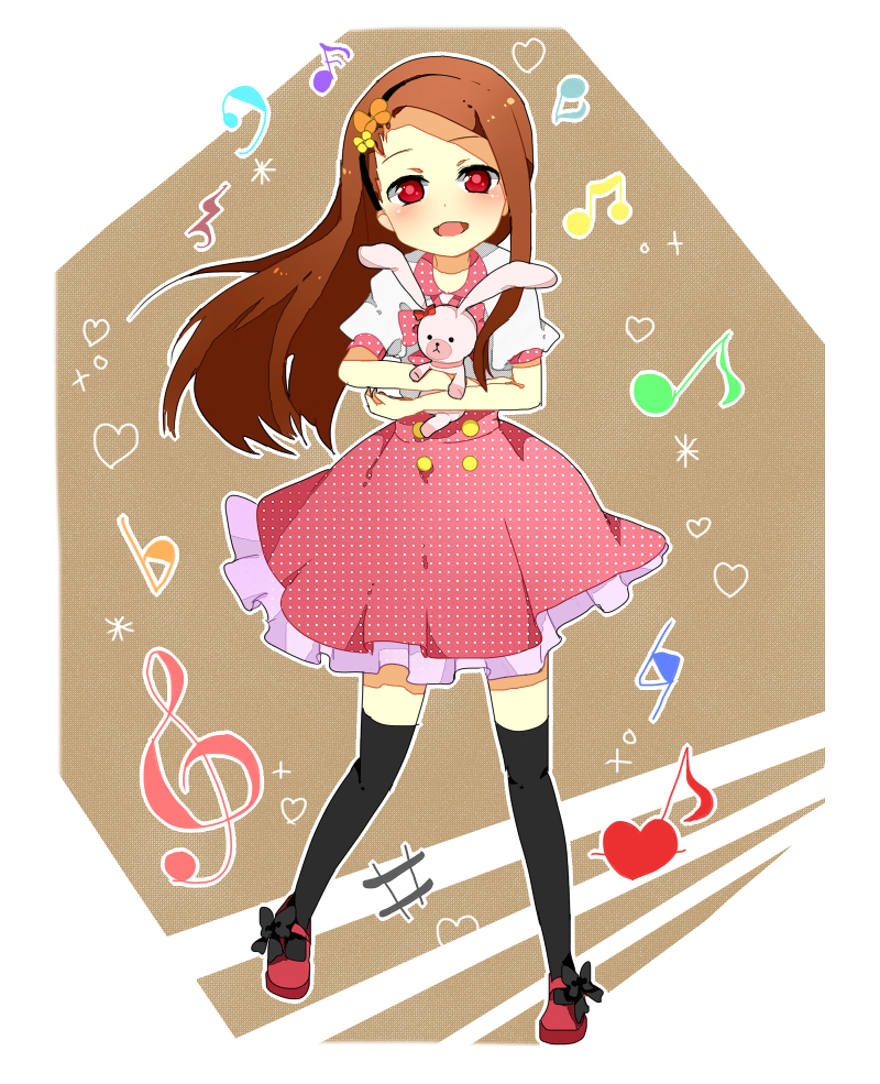 1girl :d brown_eyes brown_hair buttons dress flower frills hair_ornament heart idolmaster idolmaster_2 long_hair mary_janes minase_iori mouth musical_note open open_mouth plush rabbit red_eyes shoes smile thigh-highs