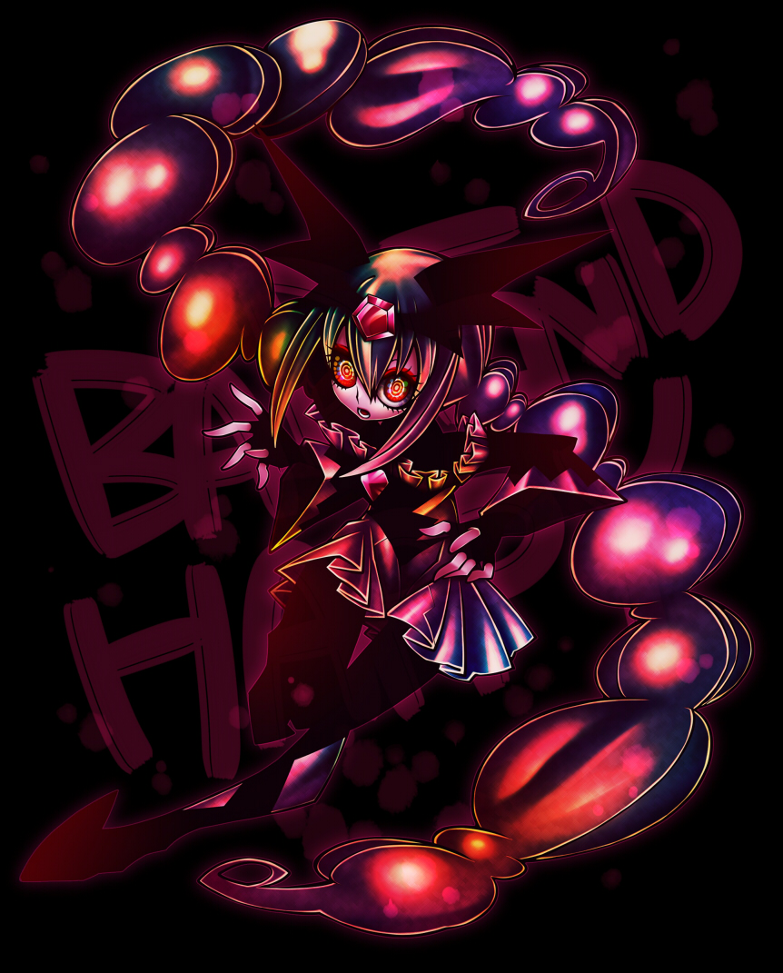 1girl bad_end_happy bad_end_precure bodysuit character_name dark_persona english fingerless_gloves gem gloves long_hair multicolored_eyes ninomae open_mouth precure red_eyes red_hair skirt smile_precure! solo teeth tiara tongue twintails yellow_eyes