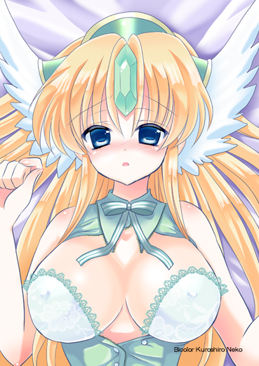 1girl artist_name blonde_hair blue_eyes blush breasts dakimakura detached_collar forehead_jewel head_wings headdress kurosiro_neko large_breasts long_hair looking_at_viewer pov purple_background riesz seiken_densetsu seiken_densetsu_3 shy solo