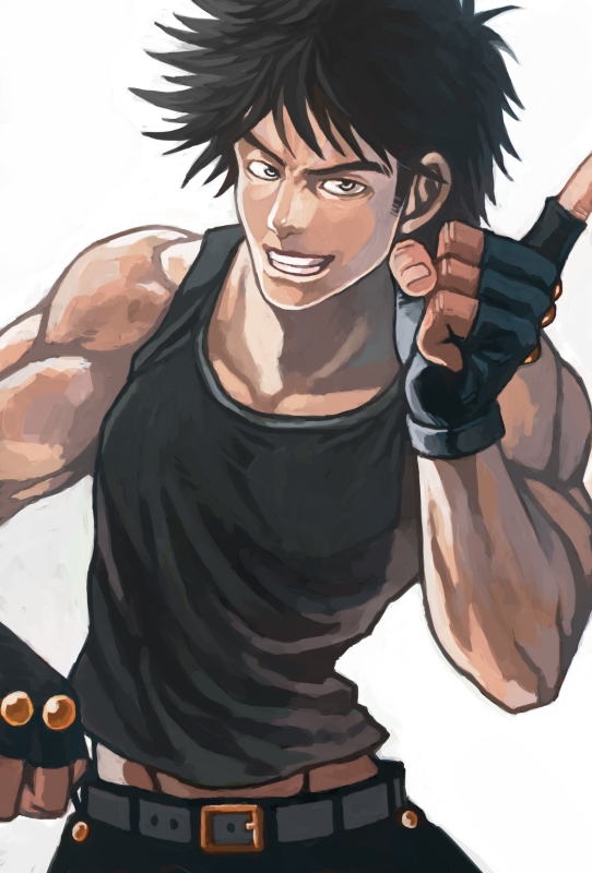 1boy birdmountain black_hair fingerless_gloves gloves grin jojo_no_kimyou_na_bouken joseph_joestar_(young) muscle pointing smile solo tank_top