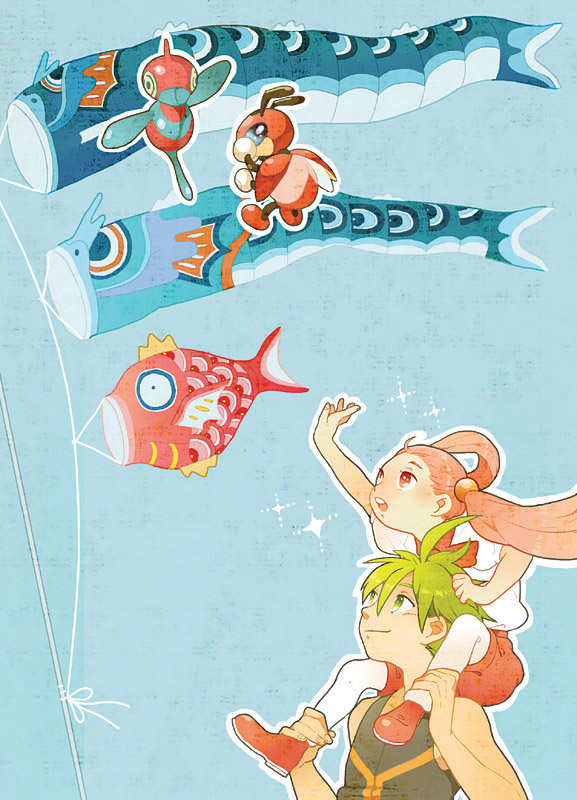 1boy 1girl ahoge carrying child green_hair gyarados k-mica ledian magikarp miru_(pokemon) pink_hair pokemon pokemon_(creature) pokemon_(game) pokemon_dppt porygon-z ryou_(pokemon) sky smile twintails