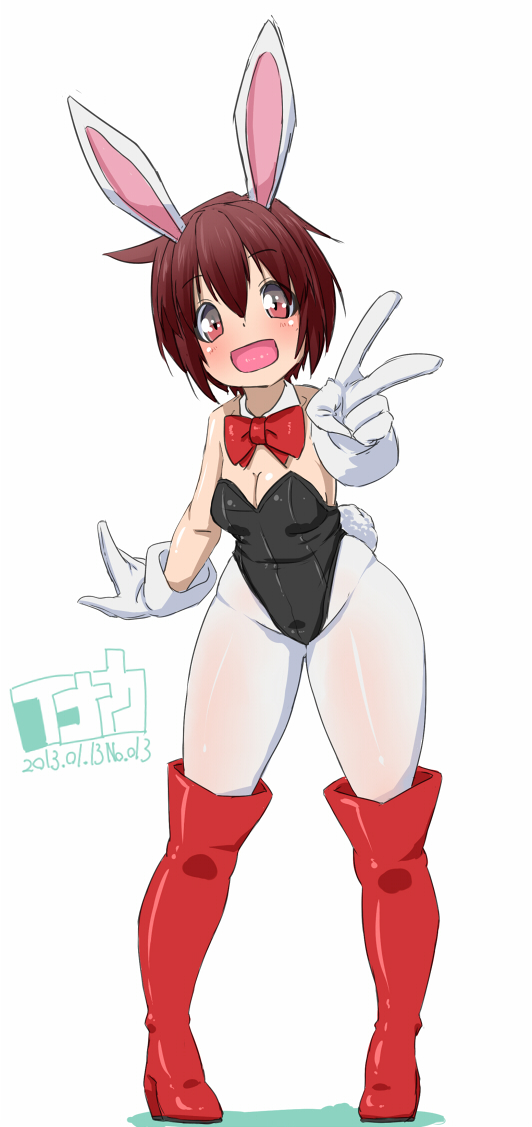 1girl animal_ears boots bowtie breasts brown_hair bunny_ears bunny_tail bunnysuit cleavage detached_collar gloves inaka_keikou original pantyhose rabbit_ears red_eyes short_hair tail thick_thighs thighs v white_legwear wide_hips
