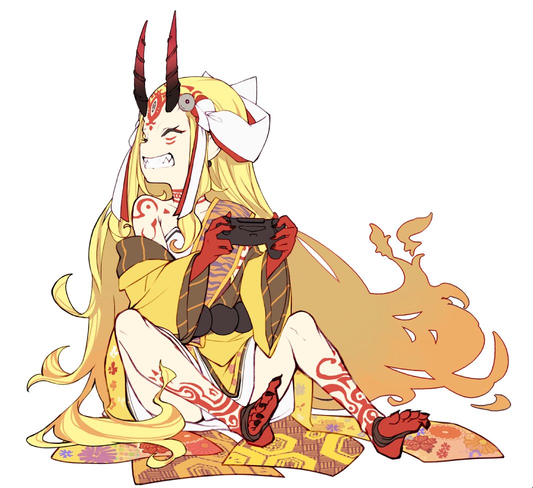 1girl bare_shoulders barefoot_sandals blonde_hair closed_eyes controller facial_mark fate/grand_order fate_(series) fingernails floral_print forehead_mark full_body grin ibaraki_douji_(fate/grand_order) japanese_clothes joystick kimono long_hair long_sleeves looking_to_the_side oni_horns print_kimono sharp_fingernails sharp_teeth shirabi simple_background sitting smile tattoo teeth very_long_hair wavy_hair white_background yellow_kimono