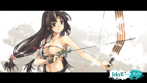 1girl black_hair bow_and_arrow brown_eyes kantai_collection long_hair mizuki_makoto personification shouhou_(kantai_collection) solo twintails