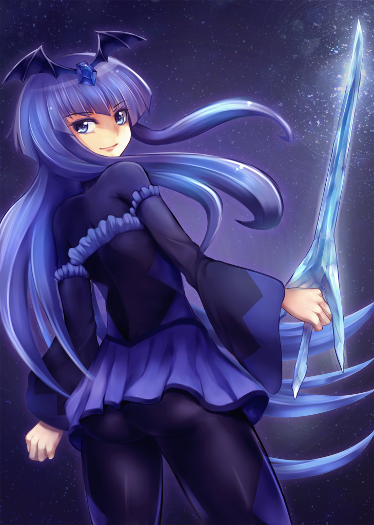 1girl ass bad_end_beauty bad_end_precure blue blue_background blue_dress blue_eyes blue_hair bodysuit dark_persona dress greave_(artist) ice ice_sword long_hair looking_back precure skirt smile smile_precure! solo sword tiara weapon