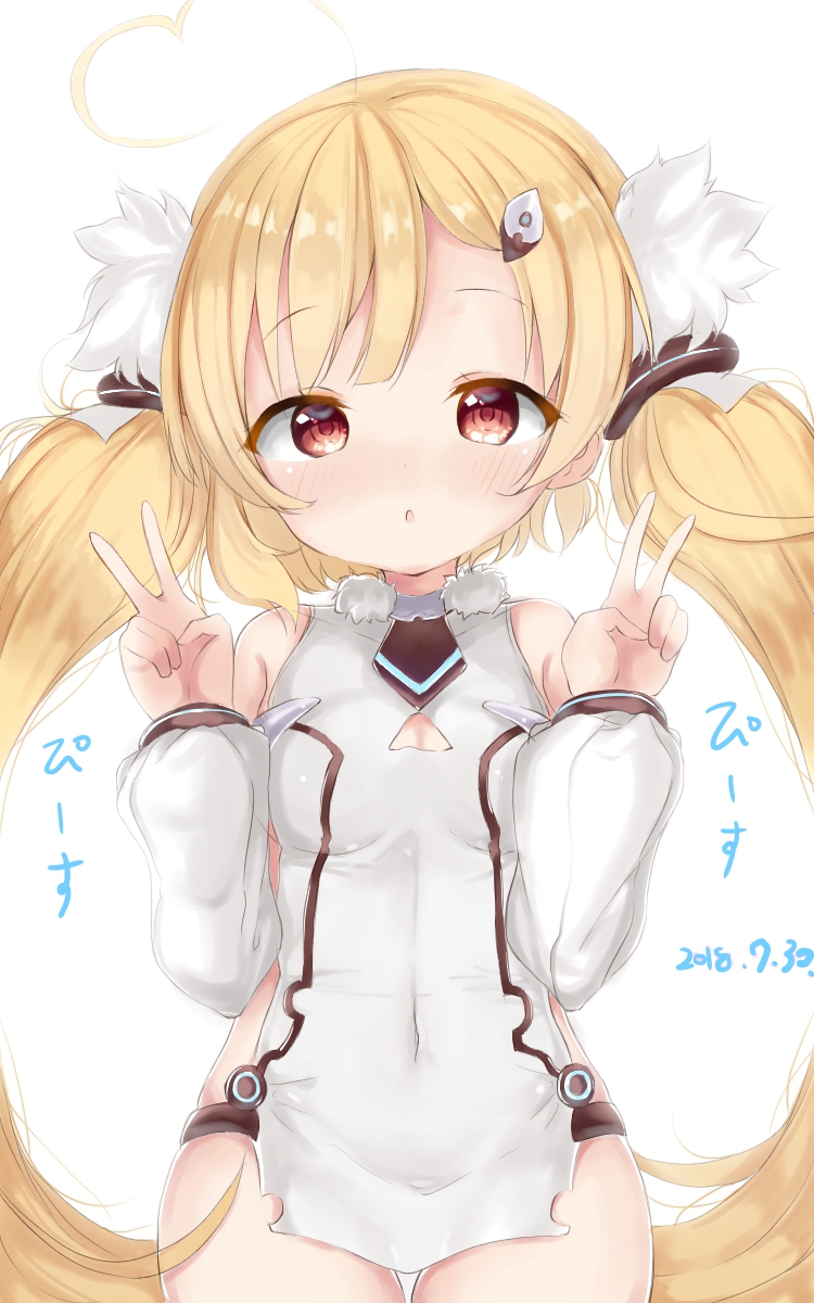 1girl ahoge azur_lane bangs bare_shoulders blonde_hair blush breasts commentary_request covered_navel dated detached_sleeves double_v dress eldridge_(azur_lane) eyebrows_visible_through_hair hands_up head_tilt heart_ahoge highres long_hair long_sleeves looking_at_viewer parted_lips parusu_(ehyfhugj) puffy_long_sleeves puffy_sleeves red_eyes sidelocks simple_background sleeveless sleeveless_dress small_breasts solo translated twintails v very_long_hair white_background white_dress