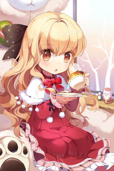 :o blonde_hair blush bow capelet celine_hastur child cup dress gilse holding layered_dress long_hair lowres open_mouth orange_eyes plate polka_dot ribbon sitting solo stuffed_animal stuffed_toy sword_girls teacup tree very_long_hair wavy_hair