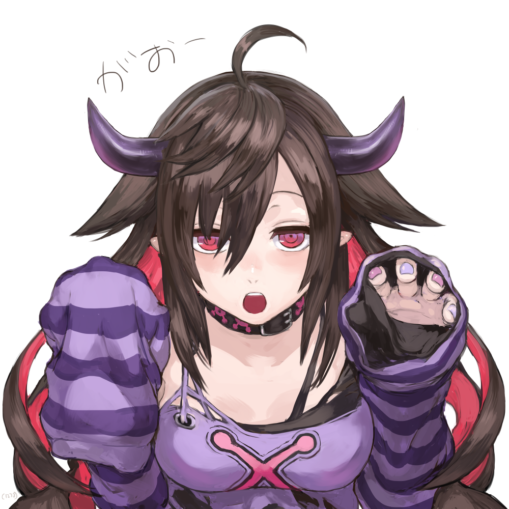 1girl :o ahoge bangs belt_collar black_collar black_shirt breasts brown_hair buckle claw_pose commentary demon_girl demon_horns detached_sleeves expressionless eyebrows_visible_through_hair hair_between_eyes hair_flaps hands_up horns jitome long_hair looking_at_viewer medium_breasts multicolored multicolored_hair multicolored_nails nail_polish nijisanji number open_mouth parted_bangs pink_nails pointy_ears purple_nails purple_shirt red_eyes redhead ringed_eyes shirt shu-mai sidelocks simple_background sleeves_past_fingers sleeves_past_wrists solo striped torn_clothes two-tone_hair upper_body upper_teeth white_background yamiyono_moruru