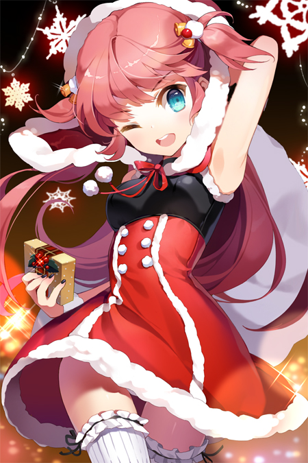 1girl ;d arm_up bangs bell blue_eyes box fur_trim garters gift gilse grin hair_bell hair_ornament holding holly hood leg_garter long_hair lowres nail_polish open_mouth pink_hair plaid polka_dot ribbon santa_costume short_twintails side_ponytail smile snowflakes solo sparkle swept_bangs sword_girls thigh-highs thighhighs twintails two_side_up very_long_hair weekly_daily white_legwear wink