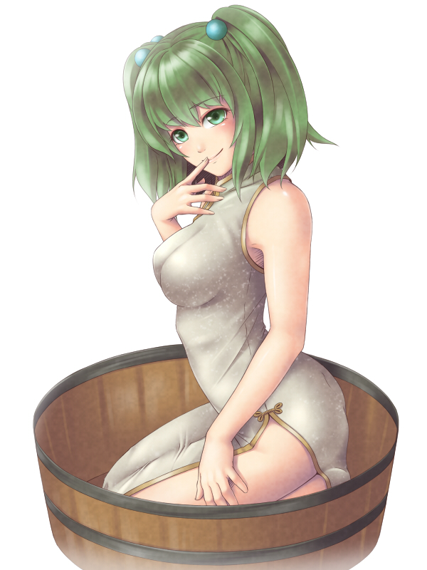 1girl adult blush breasts bucket china_dress chinese_clothes green_eyes green_hair hair_bobbles hair_ornament in_container kisume large_breasts mochi.f short_hair smile solo touhou twintails