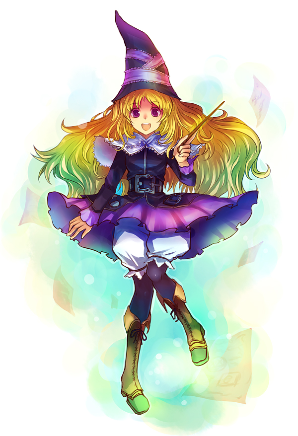 1girl :d belt black_legwear blonde_hair bloomers boots cape dress gradient_hair green_hair grimgrimoire hat kara_(color) lillet_blan long_hair multicolored_hair open_mouth pantyhose purple_eyes smile solo violet_eyes wand wavy_mouth witch_hat wizard_hat